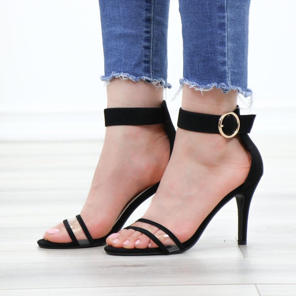 Velvet Black Open Toe Clear Strap High Heel Sandal - Picture 13 of 13